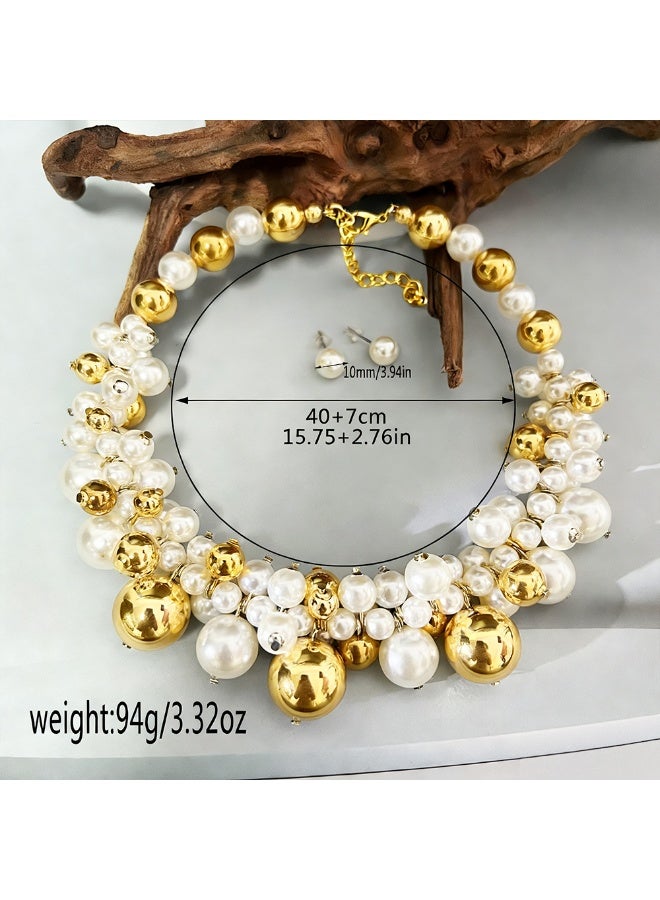 طقم قلادة كولير وأقراط من اللؤلؤ الفينتاج بأحجام مختلطة - مجوهرات عنقودية زهرية منسوجة يدويًا للنساء، مثالي لحفلات الزفاف، الحفلات الرسمية (بروم) والارتداء اليومي - Image 2